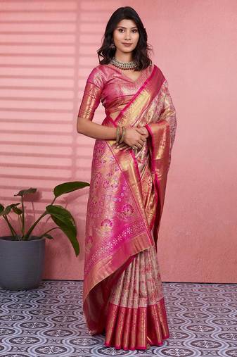 pink color kanchipuram silk blend zari weaving saree with blouse piece