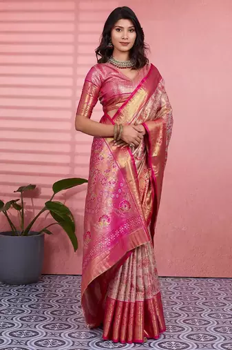 pink color kanchipuram silk blend zari weaving saree with blouse piece