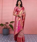 pink color kanchipuram silk blend zari weaving saree with blouse piece