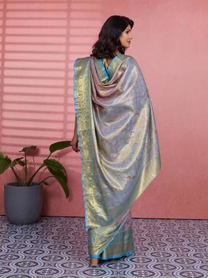 skyblue color kanchipuram silk blend zari weaving saree with blouse piece 4