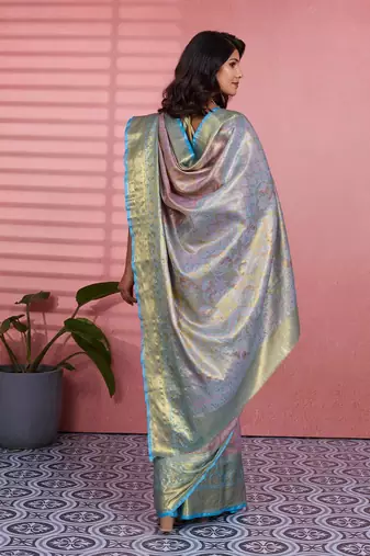 skyblue color kanchipuram silk blend zari weaving saree with blouse piece