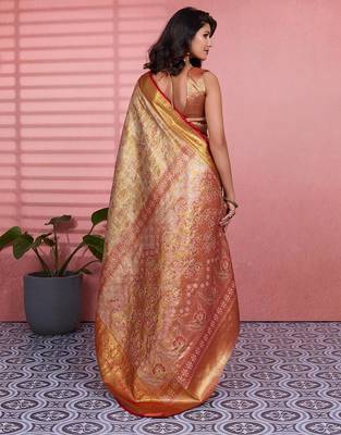 red color kanchipuram silk blend zari weaving saree with blouse piece 4