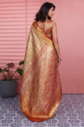 red color kanchipuram silk blend zari weaving saree with blouse piece