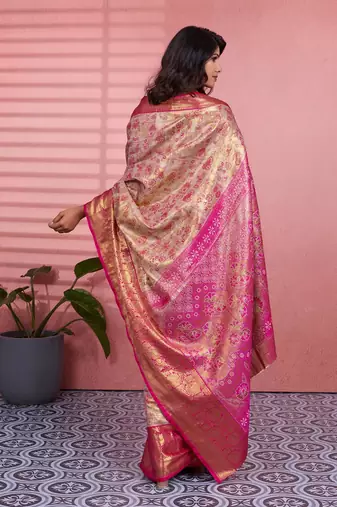 pink color kanchipuram silk blend zari weaving saree with blouse piece