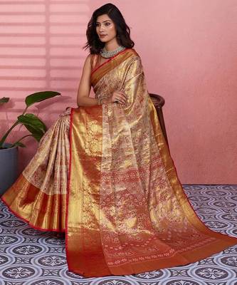 red color kanchipuram silk blend zari weaving saree with blouse piece 5
