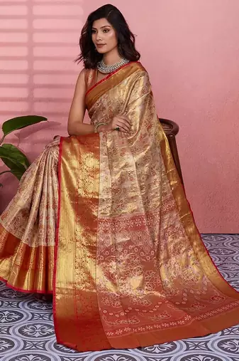 red color kanchipuram silk blend zari weaving saree with blouse piece