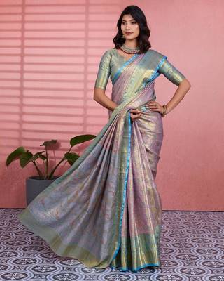 skyblue color kanchipuram silk blend zari weaving saree with blouse piece 5