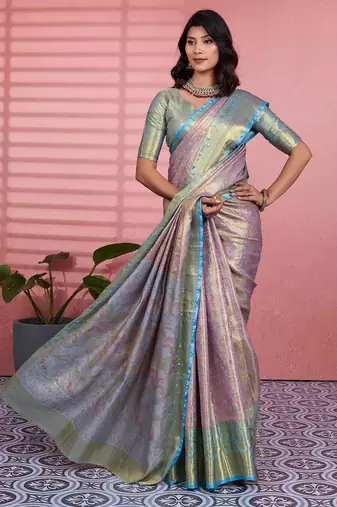 skyblue color kanchipuram silk blend zari weaving saree with blouse piece