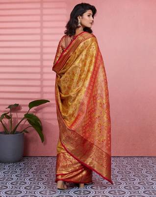 yellow color kanchipuram silk blend zari weaving saree with blouse piece 4