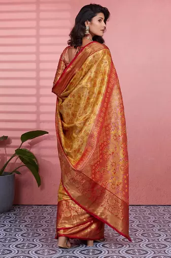 yellow color kanchipuram silk blend zari weaving saree with blouse piece