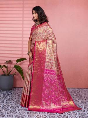 pink color kanchipuram silk blend zari weaving saree with blouse piece 3