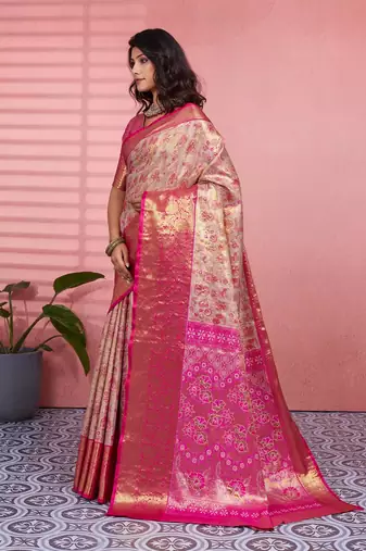 pink color kanchipuram silk blend zari weaving saree with blouse piece