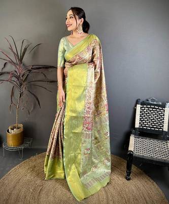 green color kanjivaram silk blend zari weaving saree with blouse  1