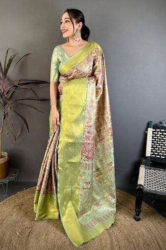 green color kanjivaram silk blend zari weaving saree with blouse 
