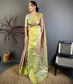 green color kanjivaram silk blend zari weaving saree with blouse 