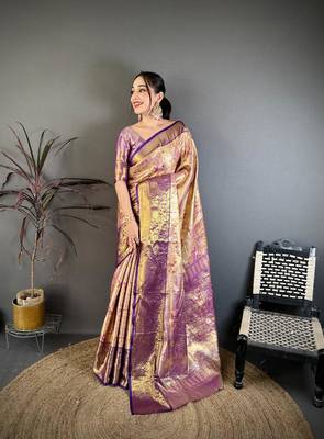 mustard color kanjivaram silk blend zari weaving saree with blouse  1