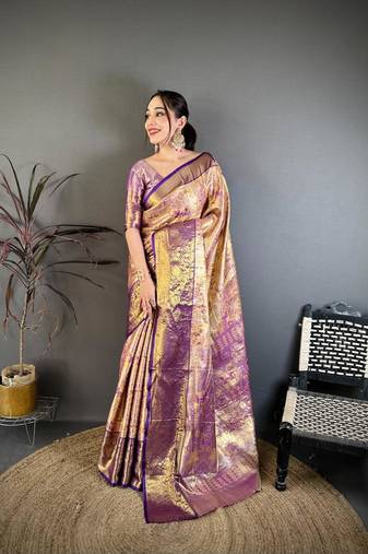 mustard color kanjivaram silk blend zari weaving saree with blouse 