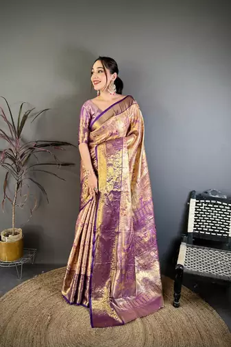 mustard color kanjivaram silk blend zari weaving saree with blouse 