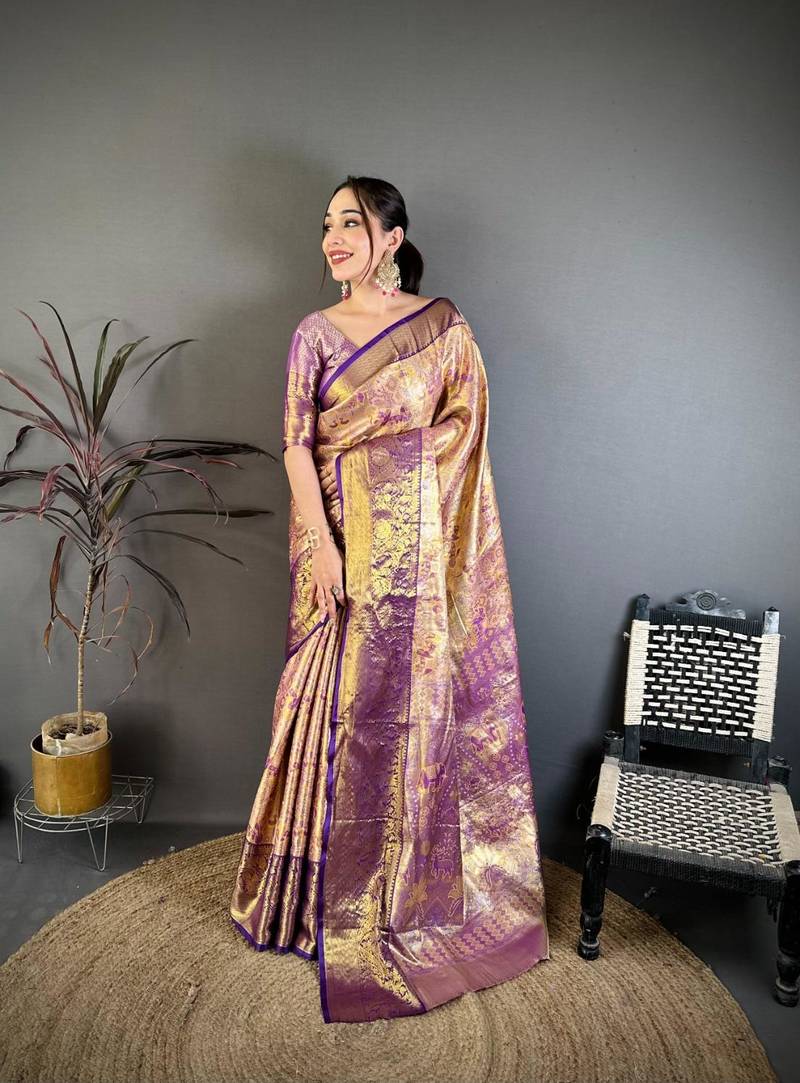 mustard color kanjivaram silk blend zari weaving saree with blouse 