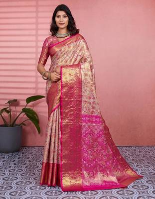 pink color kanchipuram silk blend zari weaving saree with blouse piece 4