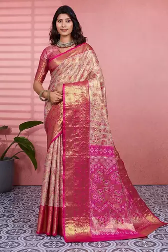 pink color kanchipuram silk blend zari weaving saree with blouse piece