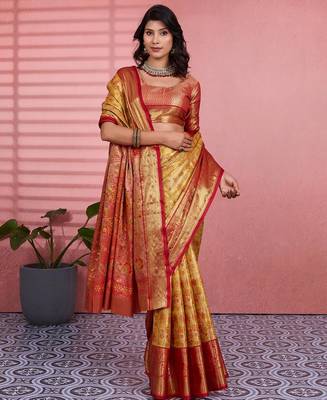 yellow color kanchipuram silk blend zari weaving saree with blouse piece 5