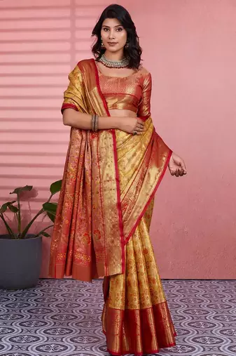 yellow color kanchipuram silk blend zari weaving saree with blouse piece