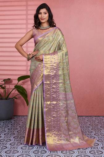 green color kanchipuram silk blend zari weaving saree with blouse piece