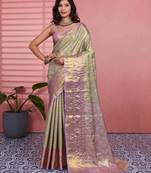 green color kanchipuram silk blend zari weaving saree with blouse piece