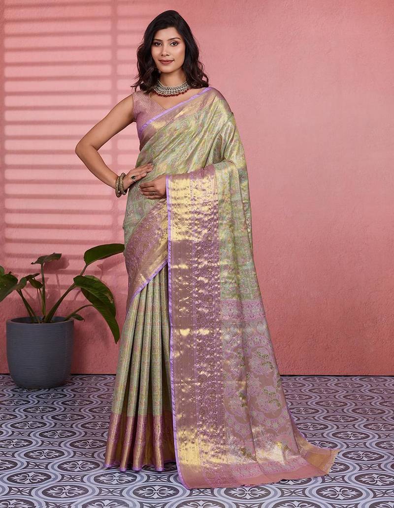 green color kanchipuram silk blend zari weaving saree with blouse piece