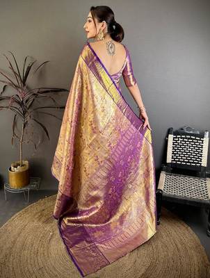 mustard color kanjivaram silk blend zari weaving saree with blouse  2