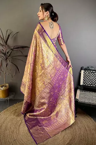 mustard color kanjivaram silk blend zari weaving saree with blouse 