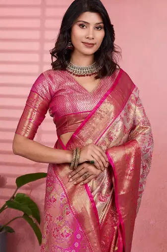 pink color kanchipuram silk blend zari weaving saree with blouse piece