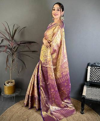 mustard color kanjivaram silk blend zari weaving saree with blouse  3