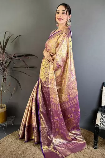 mustard color kanjivaram silk blend zari weaving saree with blouse 