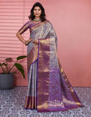 blue color kanchipuram silk blend zari weaving saree with blouse piece 1