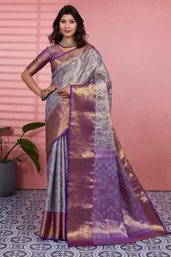 blue color kanchipuram silk blend zari weaving saree with blouse piece