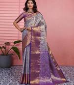 blue color kanchipuram silk blend zari weaving saree with blouse piece