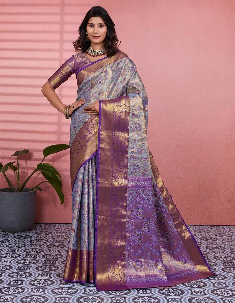 blue color kanchipuram silk blend zari weaving saree with blouse piece