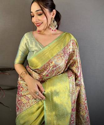 green color kanjivaram silk blend zari weaving saree with blouse  4