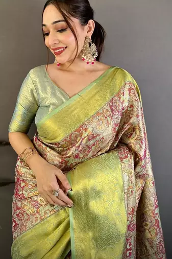 green color kanjivaram silk blend zari weaving saree with blouse 