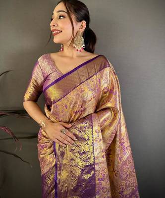 mustard color kanjivaram silk blend zari weaving saree with blouse  4