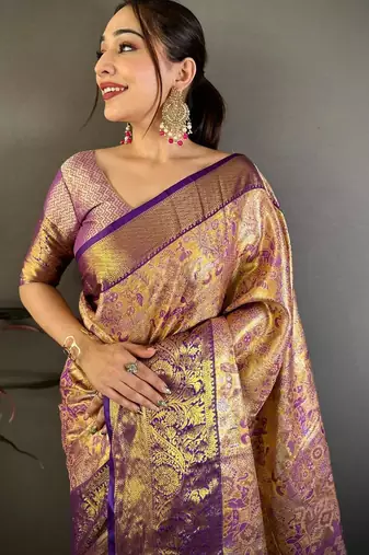 mustard color kanjivaram silk blend zari weaving saree with blouse 