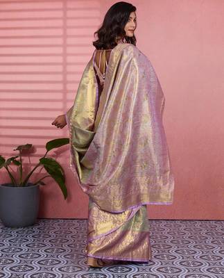 green color kanchipuram silk blend zari weaving saree with blouse piece 3