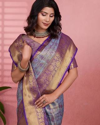 blue color kanchipuram silk blend zari weaving saree with blouse piece 2