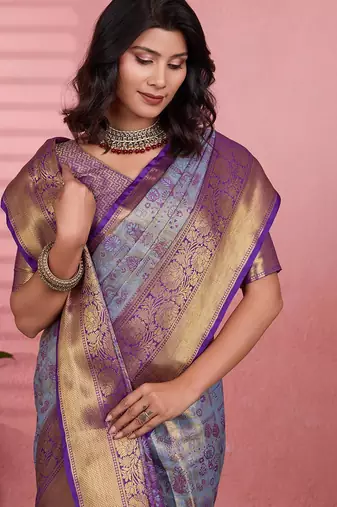 blue color kanchipuram silk blend zari weaving saree with blouse piece