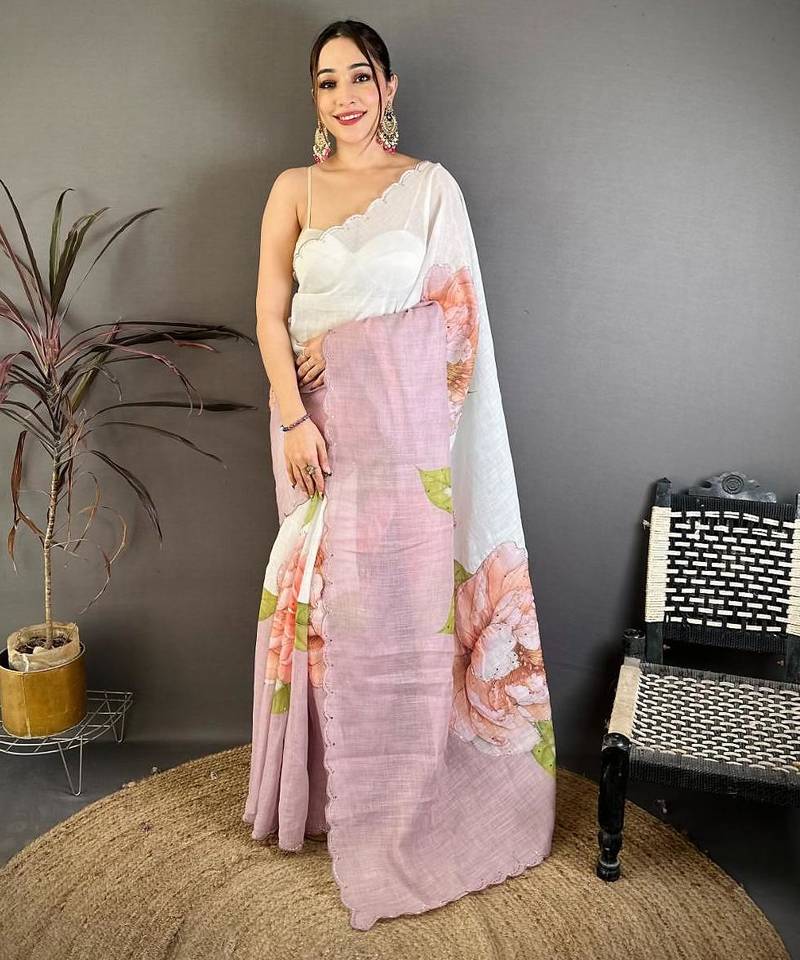 white color linen arco border with handwork saree
