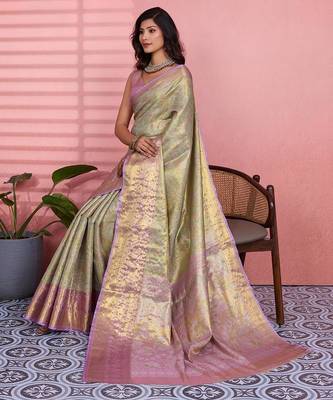 green color kanchipuram silk blend zari weaving saree with blouse piece 4