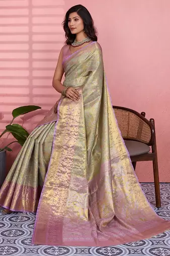 green color kanchipuram silk blend zari weaving saree with blouse piece
