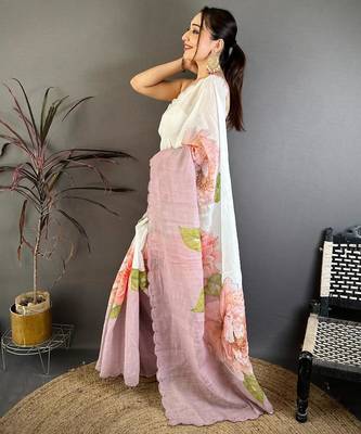 white color linen arco border with handwork saree 2